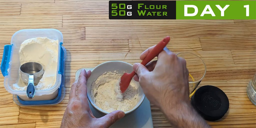 Day 1 – Mixing flour and water to start a sourdough starter